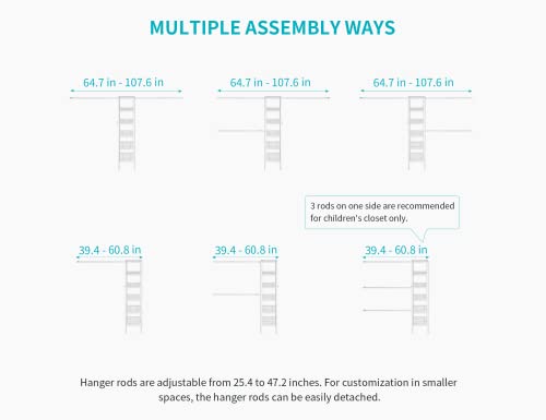 Ulif M1 Closet Storage Organizer System, 6 Tiers Heavy Duty Metal Garment Rack With 3 Expandable Hanger Rods, Wall Mounted Space Saver Suits From 3.3-8.7 Ft. Width, 71.2”H X 14”D, 700Lbs, White #TOP5