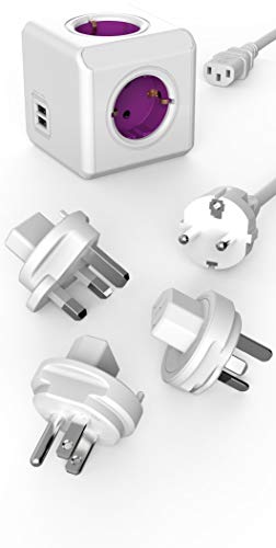 Travel-Cube ReWirable DuoUSB, Power-Würfel für 4 Stecker und 2 USB Ports (2,1 A), Mehrfach-Steckdose mit Schuko-Kabel und 3 Reise-Adapter für UK USA AUS, Magenta-weiß