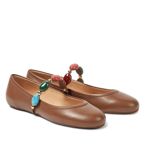 Mary Jane Shoes for Women Leather Ballet Flats with Gemstones Strap Round Closed Toe Ballerina Casual Comfy Slip on3