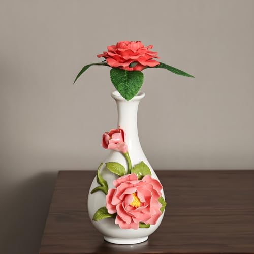 Handmade Pinched Flowers Ceramic Vase with One Ceramic Rose Flower, Home Decor Ceramic Vase for Dining Table, Living Room, Kitchen, Bedroom, Shelf, Office, Coffee Table, Restaurant & Fireplace Mantel — view 6