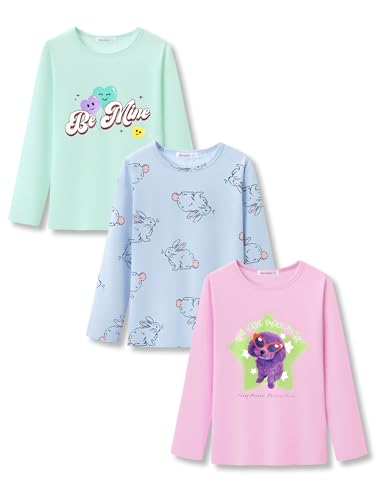 Serdomi Girls Long Sleeve T-Shirt 3 Packs- Soft Tops Star Dog/Heart Shaped Balloons/Bunny Graphic Tee Size 10