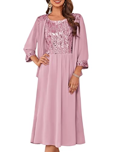 Image of GRACE KARIN Formal Wedding Guest Dress Sequin Mother of The Bride Dresses | Two Piece,3 /4 Sleeve,Tea Length,Crew Neck,Fit and Flare,Chiffon,Suitable for Spring /Summer /Fall /Winter /Cocktail /Party /Prom