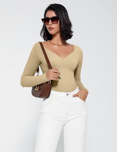Image of Avidlove Bodysuit for Women Long Sleeve Double Lined Tank Top V Neck Bodysuit Tummy Control Shapewear