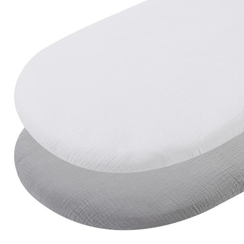 Image of Onacosht Muslin Bassinet Sheets 29"x 14" for Chicco LullaGo Anywhere, Baby Bjorn Cradle and Other Same Size Mattress Pad, Snuggly Soft 100% Cotton 2 Pack, White and Grey