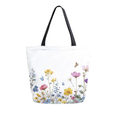 Extra Large Shoulder Tote Bag for Beach Travel Weekender Gym Watercolor Yellow Blue Wildflowers Butterflies Reusable Grocery Canvas Shopping Bag