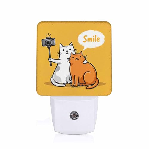 Image of LED Night Light,Two Cats Making Photo Use Selfie Stick LED Night Light Plug into Wall with Dusk to Dawn Light Sensor White Energy Efficient Nightlight for Bedroom Bathroom Hallway Living Room Kitchen