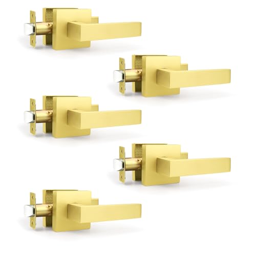 Brotima 5 Pack Gold Passage Door Handles for Hallways & Closets, Non-Locking Brushed Gold Closet Door Handles, Heavy Duty Passage Door Hardware, Gold Keyless Square Levers Handles, Satin Brass