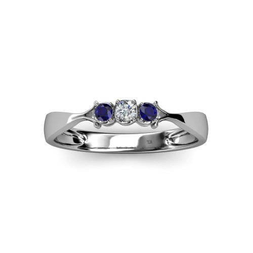 Blue Sapphire & Diamond 3 Stone Ring 0.16 Ctw In 14K White Gold.size 6.5 #TOP1