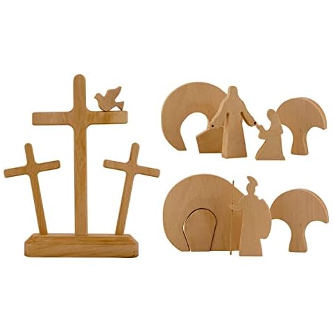 Luoji Easter Scene Wooden Decoration, Easter Resurrection Jesus Nativity Scene Set, Handcrafted Wooden Cross Spring Christian Figurine For Tabletop, Office, Home Ornament Gifts Cover