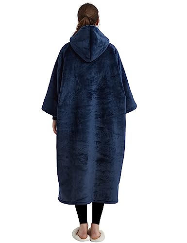 Image of KFUBUO Wearable Blanket Hoodie for Adults With Pocket Navy Extra Long | Sherpa, Fuzzy Blanket Hoodie, Oversized Sweatshirt Blanket, Kangaroo Pouch, Cute Birthday Gifts for Women, Cute Stuff