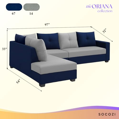 Image of SOCOZI Oriana 6 Seater LHS L Shape Sofa Set | Soft Velvet Suede Fabric | Modern Design | Plush Comfort Cushions for Living Room (Light Grey- DarkBlue)