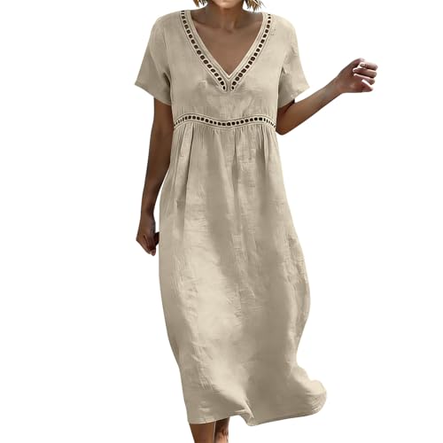 Robe Coton Lin pour Femme Été Fluide Manche Courte Chic et Elegant Robes Col V Décontractée Grande Taille Robes Couleur Unie Respirant D'été Boheme de...