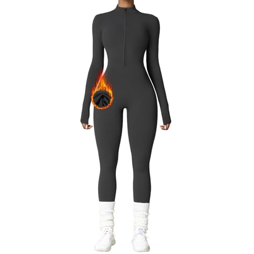 OEAK Mono deportivo largo ajustado para mujer, de manga larga, cuello alto, con cremallera, forro polar, sin costuras, de una pieza, Gris, L