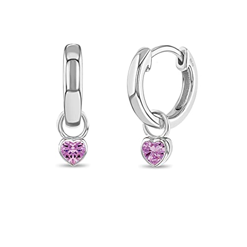 Image of In Season Jewelry Simulated Birthstone Heart Charm Girls Hoop Earrings for Kids - 925 Sterling Silver Little Girl Hoop Earrings - Hypoallergenic & Comfortable with Secure Latch Closure