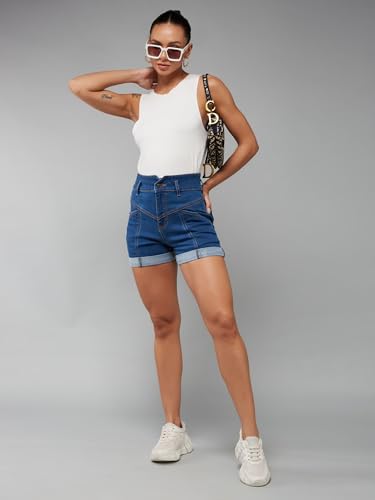Image of Dolce Crudo Women's Relaxed Fit Mid-Rise Denim Shorts with Adjustable Waist & Frayed Hem