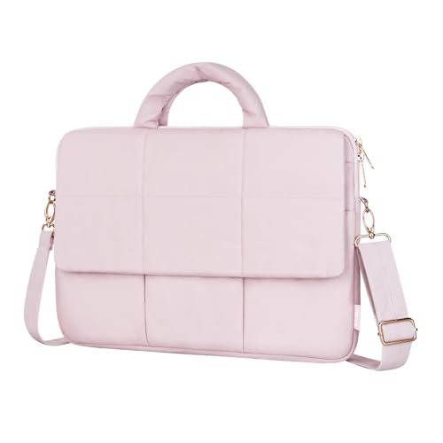 MOSISO Laptop Shoulder Bag, 15-15.6 inch Computer Bag Compatible with MacBook Pro 16 inch, HP, Dell, Lenovo, Asus Notebook, Rectangle Quilted Flapover Sleeve with Front Zipper & 3 Open Pockets, Pink
