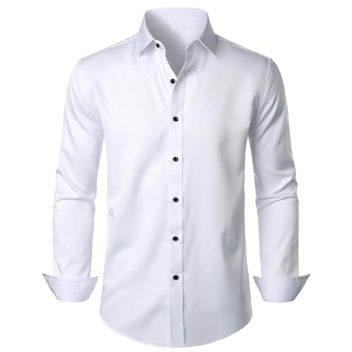 Camisa genérica para hombre de satén liso de color liso, cuello de solapa de manga larga, slim fit para boda y ceremonia, blanco, L