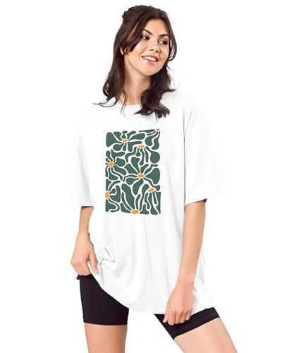 Image of SHODOX Women's Cotton Blend Oversized Drop Shoulder Printed T-Shirt | Soft, Breathable & Light Weight | Loose Fit Stylish Top for Girls with Premium Graphic Print