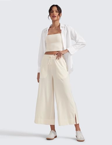 Image of CRZ YOGA Lightweight Wide Leg Crop Pants 25 inch | Casual, Travel, Comfy, Soft, Split, Loose Fit, Pockets, for Women
