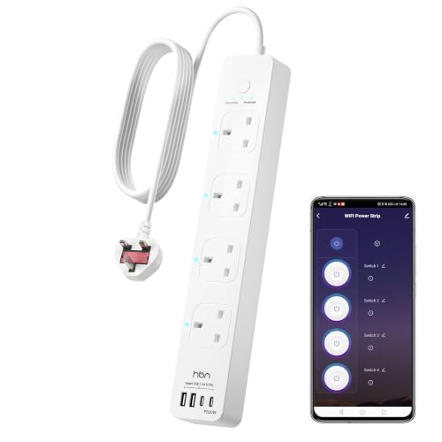 Image of HBN Smart Extension Lead Plug Works with Alexa and Google Home,1.8m Power Strip Cord, APP Remote Control Smart Life Plug (13A 3120W)