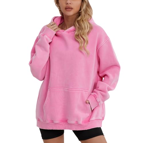 Image of FAIABLE Womens Oversized Acid Wash Hoodie Unisex Heavyweight Cotton Hoodies Fleece Vintage Washed Sweatshirt Women Men