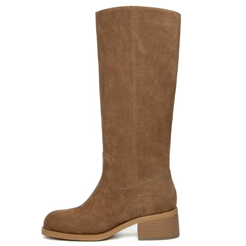 SUIARA Knee High Suede Boots Women Light Brown Square Toe Chunky Block Heel Campus Boot Comfortable Low Heel Riding Long Tall Boots