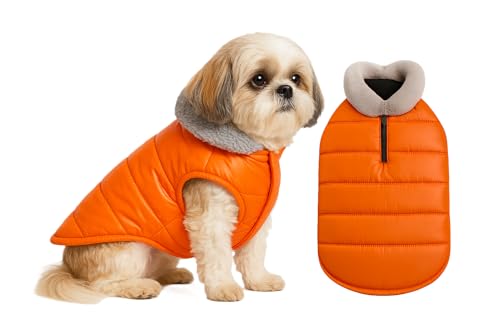 Image of The Pets Company Dog Winter Coat Jacket, Clothes, Windproof, Waterproof, Light Weight, Washable, Ultra Warm Thick Fleece Lined Dog Vest for Cold Weather Protection, (Orange, Small - 14 Inch)