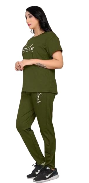 Heavy Lycra Night Wear Set for Women, Top and Pant with Smile Print, Maroon, Olive Green, Purple, Grey, M L XL XXL (Olive Green, XXL)