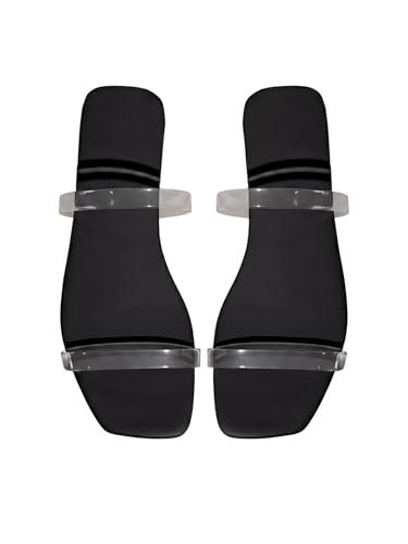 Image of GORGLITTER Women's Summer Beach Clear Flat Sandals Cute Trendy Square Toe Double Strappy Slide Flat Sandals Wedding Shoes