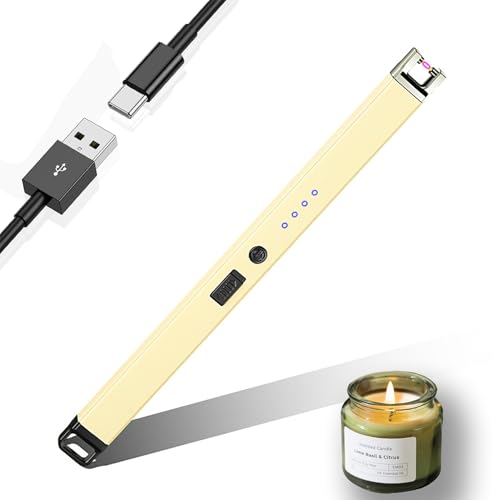 JIEYUCHU Accendino Elettrico, USB Ricaricabile Accendi Candele Con LED Indicatore Batteria, Antivento, Senza Fiamma per Candele, Barbecue, Campeggio, Stufe (Bianco)