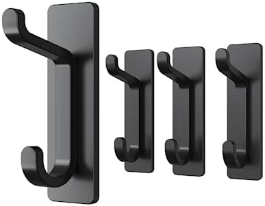pickpiff Door Hook for Towel, Coat, Cloth, Purse, Hat, Key, Extra Sticky Stainless Holder for Hanging, Matte Black Wall Mounted Self-Adhesive Hanger for Shower Kitchen Bathroom Heavy Duty, 4 Pack