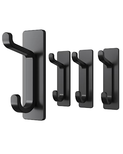 Pickpiff Door Hook For Towel, Coat, Cloth, Purse, Hat, Key, Extra Sticky Stainless Holder For Hanging, Matte Black Wall Mounted Self-Adhesive Hanger For Shower Kitchen Bathroom Heavy Duty, 4 Pack #TOP1