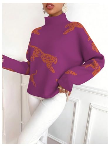Image of WDIRARA Women's Leopard Tiger Print Sweater High Neck Long Sleeve Fuzzy Knitted Pullover Top