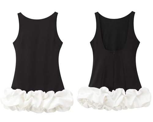 Image of Unybwonn Women Ruffle Bubble Mini Dress Sleeveless Ruched Hem Bodycon Dresses a Line Mock Neck Tank Short Dress