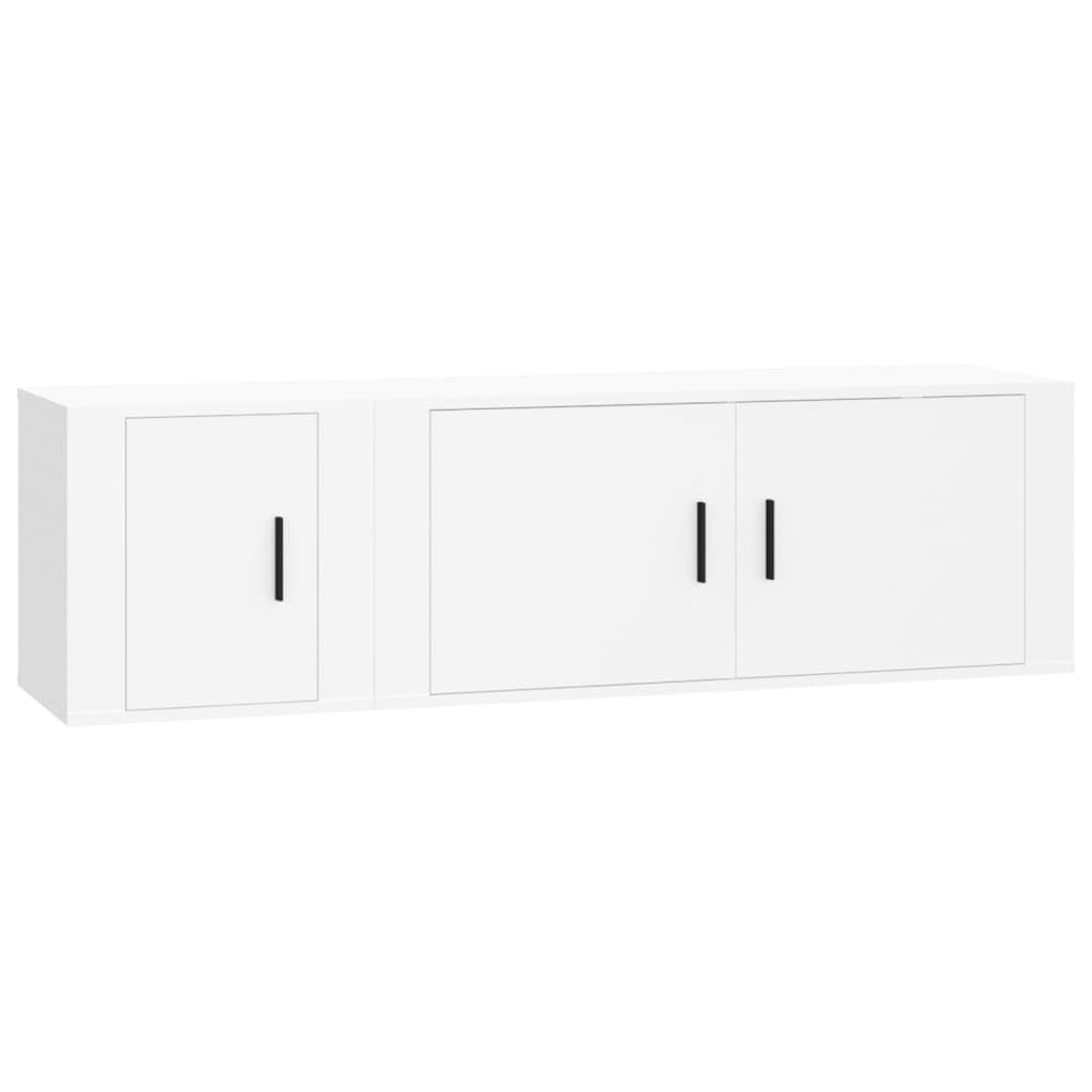 2-TLG. TV-Schrank-Set Weiß, Holzwerkstoff, Wandmontage, Modernes Media Center für Wohnzimmer, Robuste TV-Konsole mit Türen, Viel Stauraum