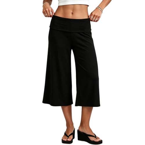 Winioder Gaucho Pants for Women Fold Over Low Rise Wide Leg Yoga Capri Pants Summer Comfy Flowy Lounge Culottes Pants (Black M)