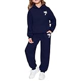 Conjunto de chándal para niños con estampado de sudadera con capucha y pantalones deportivos de algodón suave para exteriores, ropa deportiva casual, azul marino, 3-4 años