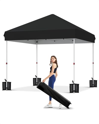 GarveeLife 10x10 Pop Up Canopy with One Button Push Setup - Heavy Duty Outdoor Canopy Tent with Portable Roller Bag - 3 Adjustable Height, 4 Weight Bags, 8 Stakes & 4 Guy Ropes Included, Black