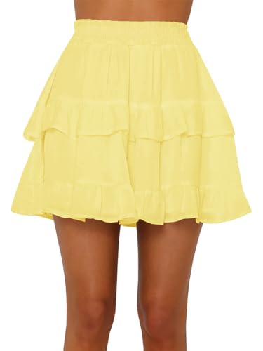 Women's Tiered Ruffles Flared Mini Skirt Casual Boho Flowy Pleated Swing Beach Stretchy High Waisted Mini Skirt