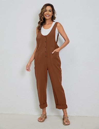 Image of Yeokou Womens Overalls Linen Cotton Jumpsuits Loose Casual Jumpers with Pockets