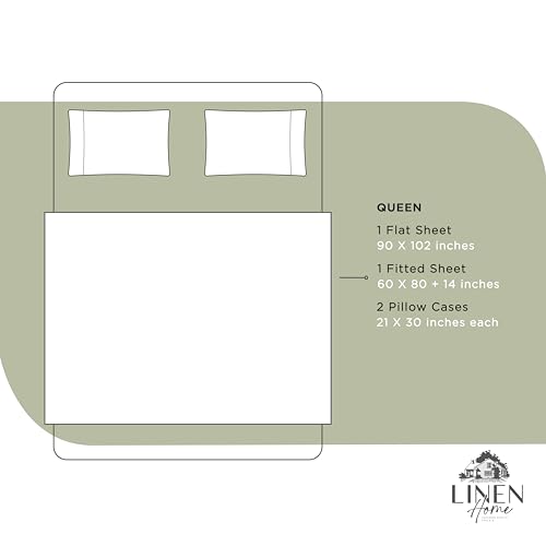 Image of Linen Home 100% Cotton Percale Sheets Queen Size, Sage, Deep Pocket, 4 Pieces Set - 1 Flat, 1 Deep Pocket Fitted Sheet and 2 Pillowcases, Crisp Cool and Strong Bed Linen