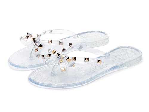 Image of Studded Jelly Shoes for Womens Bow Flip Flops Jellies Sandals Flat Black Summer Beach Thong with Rivets Strappy Slides Slip On