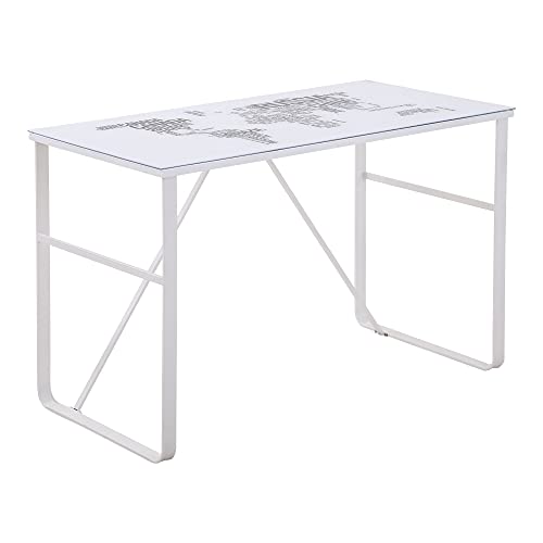 HOMCOM Bureau Informatique Design Contemporain Plateau Verre trempé décor mappemonde Lettres châssis métal Blanc