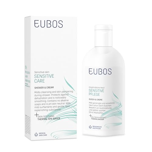 DUCHA & CREMA DE EUBOS CUIDADO SENSIBLE: la loción de lavado que cuida en la ducha | Para pieles sensibles | Con agua termal que calma la piel | Vegana | 200ml