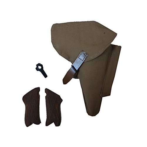 Warreplica WWII German P08 Luger Khaki Canvas DAK Holster with Wooden Grips & Take Down Stripping Tool-Reproduction|WH Luftwaffe Reenactment Military Field Gear Equipment Case for 9mm Sidearm Pistol