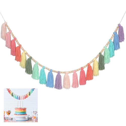 Rainbow Pastel Yarn Wood Bead Tassel Garland Wall Hanging Decor with 20PCS Macaron Tassels, for Spring Classroom, Nursery, Kids Room, Baby Shower, Birthday Party, Back to School, Office Decor