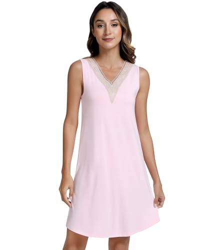 Image of NACHILA Women's Nightgowns-Viscose Made from Bamboo,Sleeveless Tank Night Gown Crew Neck Sleep Dress Cool Sleepshirts