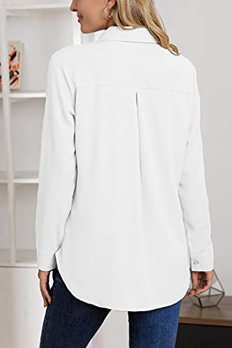 Aisew Womens Casual Button Down Shirts V Neck Chiffon Long Sleeve Collared Office Work Blouses Tops With Pocket (White, Large) #TOP2