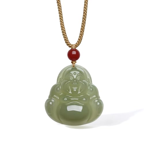 Nephrite Green Jade Chinese Buddha Pendant Red Agate Bead Pendant Necklace with Jewelry Box for Women Men Couple Lover Anniversary Birthday (65-75cm Brown Rope) Y0413843