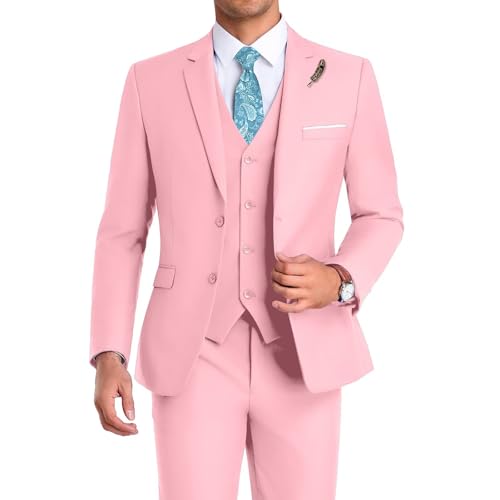 Mrbuerly Pink Prom Suits for Men, Blazer Vest & Trousers Mens Suits 3 Pieces Teens Homecoming Jackets with Tie-M/4034
